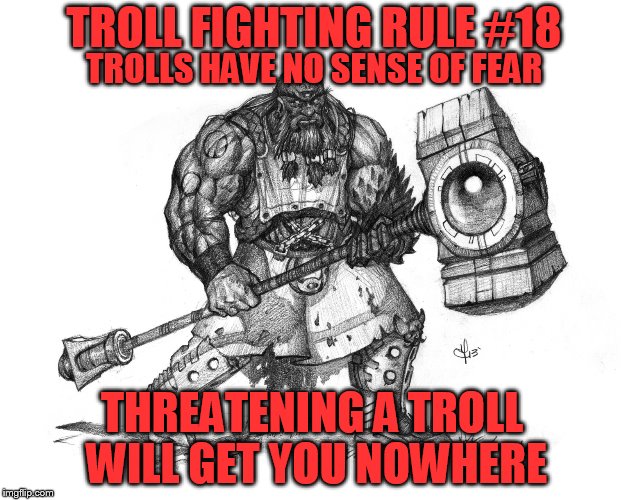 Troll Fighting Rule #18 | TROLL FIGHTING RULE #18; TROLLS HAVE NO SENSE OF FEAR; THREATENING A TROLL WILL GET YOU NOWHERE | image tagged in troll smasher | made w/ Imgflip meme maker