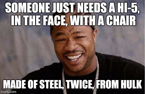 Yo Dawg Heard You Meme | SOMEONE JUST NEEDS A HI-5, IN THE FACE, WITH A CHAIR; MADE OF STEEL, TWICE, FROM HULK | image tagged in memes,yo dawg heard you | made w/ Imgflip meme maker