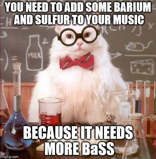 Science Cat | YOU NEED TO ADD SOME BARIUM AND SULFUR TO YOUR MUSIC; BECAUSE IT NEEDS MORE BaSS | image tagged in science cat | made w/ Imgflip meme maker