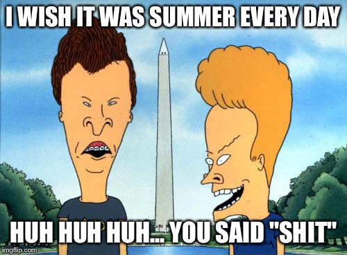 beavis and butthead | I WISH IT WAS SUMMER EVERY DAY; HUH HUH HUH... YOU SAID "SHIT" | image tagged in beavis and butthead | made w/ Imgflip meme maker