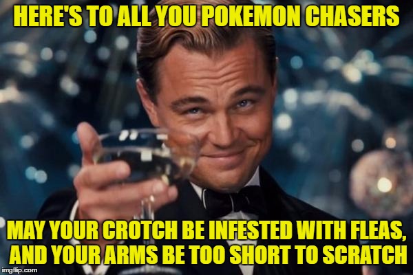 Leonardo Dicaprio Cheers | HERE'S TO ALL YOU POKEMON CHASERS; MAY YOUR CROTCH BE INFESTED WITH FLEAS, AND YOUR ARMS BE TOO SHORT TO SCRATCH | image tagged in memes,leonardo dicaprio cheers | made w/ Imgflip meme maker