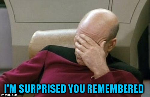 Captain Picard Facepalm Meme | I'M SURPRISED YOU REMEMBERED | image tagged in memes,captain picard facepalm | made w/ Imgflip meme maker