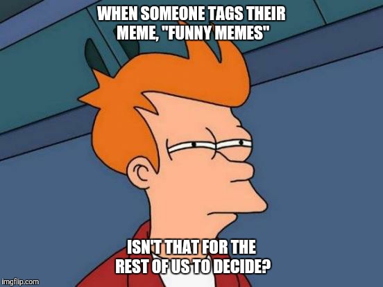 Futurama Fry | WHEN SOMEONE TAGS THEIR MEME, "FUNNY MEMES"; ISN'T THAT FOR THE REST OF US TO DECIDE? | image tagged in memes,futurama fry | made w/ Imgflip meme maker