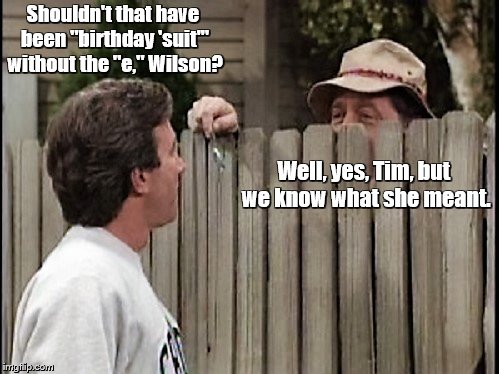 Home Improvement Tim and Wilson | Shouldn't that have been "birthday 'suit'" without the "e," Wilson? Well, yes, Tim, but we know what she meant. | image tagged in home improvement tim and wilson | made w/ Imgflip meme maker