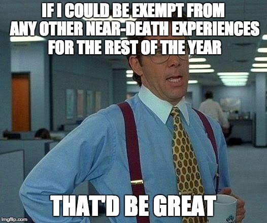 That Would Be Great Meme | IF I COULD BE EXEMPT FROM ANY OTHER NEAR-DEATH EXPERIENCES FOR THE REST OF THE YEAR; THAT'D BE GREAT | image tagged in memes,that would be great | made w/ Imgflip meme maker