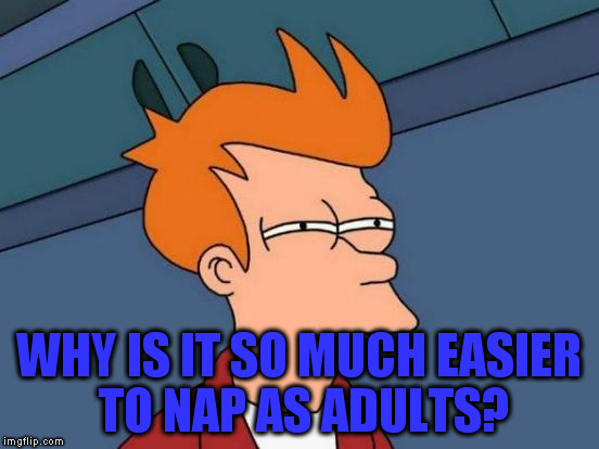 Futurama Fry Meme | WHY IS IT SO MUCH EASIER TO NAP AS ADULTS? | image tagged in memes,futurama fry | made w/ Imgflip meme maker