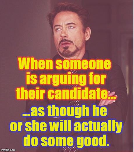 Face You Make Robert Downey Jr | When someone is arguing for their candidate... ...as though he or she will actually do some good. | image tagged in memes,face you make robert downey jr | made w/ Imgflip meme maker