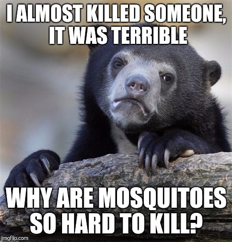 Confession Bear | I ALMOST KILLED SOMEONE, IT WAS TERRIBLE; WHY ARE MOSQUITOES SO HARD TO KILL? | image tagged in memes,confession bear | made w/ Imgflip meme maker