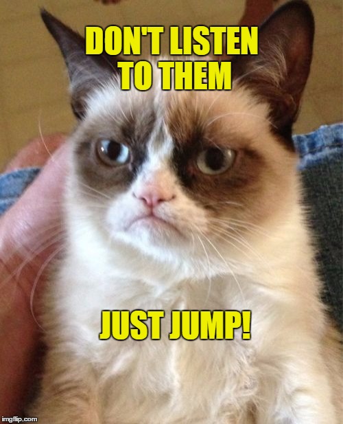 Grumpy Cat Meme | DON'T LISTEN TO THEM JUST JUMP! | image tagged in memes,grumpy cat | made w/ Imgflip meme maker