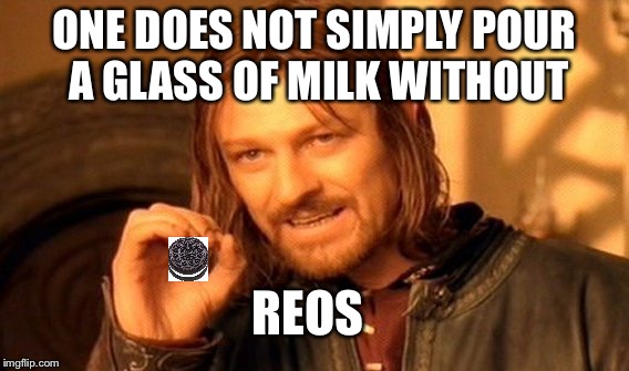 One Does Not Simply | ONE DOES NOT SIMPLY POUR A GLASS OF MILK WITHOUT; REOS | image tagged in memes,one does not simply | made w/ Imgflip meme maker