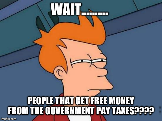 Futurama Fry Meme | WAIT.......... PEOPLE THAT GET FREE MONEY FROM THE GOVERNMENT PAY TAXES???? | image tagged in memes,futurama fry | made w/ Imgflip meme maker