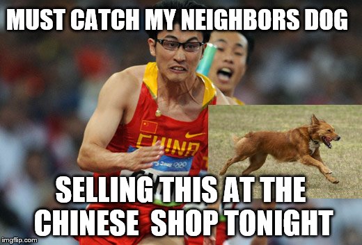What they are selling at the Chinese | MUST CATCH MY NEIGHBORS DOG; SELLING THIS AT THE CHINESE  SHOP TONIGHT | image tagged in chinese,chinese food,offensive,meme | made w/ Imgflip meme maker