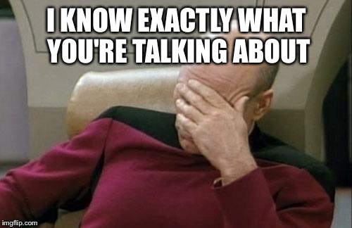 Captain Picard Facepalm Meme | I KNOW EXACTLY WHAT YOU'RE TALKING ABOUT | image tagged in memes,captain picard facepalm | made w/ Imgflip meme maker