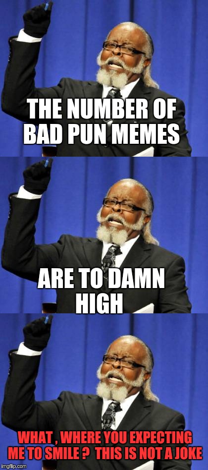 TO DAMN HIGH   | THE NUMBER OF BAD PUN MEMES; ARE TO DAMN HIGH; WHAT , WHERE YOU EXPECTING ME TO SMILE ?  THIS IS NOT A JOKE | image tagged in too damn high,bad pun,memes | made w/ Imgflip meme maker