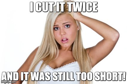Dumb Blonde | I CUT IT TWICE AND IT WAS STILL TOO SHORT! | image tagged in dumb blonde | made w/ Imgflip meme maker