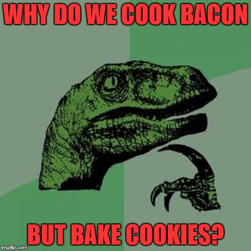 Philosoraptor Meme | WHY DO WE COOK BACON; BUT BAKE COOKIES? | image tagged in memes,philosoraptor | made w/ Imgflip meme maker