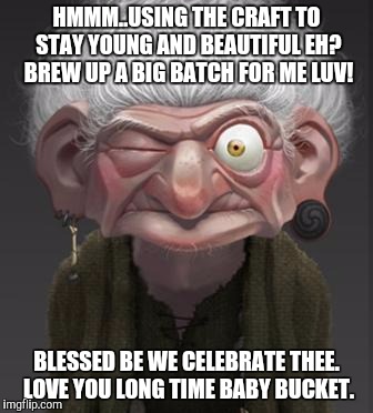 brave witch | HMMM..USING THE CRAFT TO STAY YOUNG AND BEAUTIFUL EH? BREW UP A BIG BATCH FOR ME LUV! BLESSED BE WE CELEBRATE THEE. LOVE YOU LONG TIME BABY BUCKET. | image tagged in brave witch | made w/ Imgflip meme maker