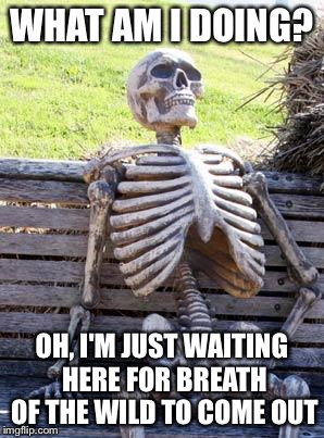 Waiting Skeleton | WHAT AM I DOING? OH, I'M JUST WAITING HERE FOR BREATH OF THE WILD TO COME OUT | image tagged in memes,waiting skeleton | made w/ Imgflip meme maker