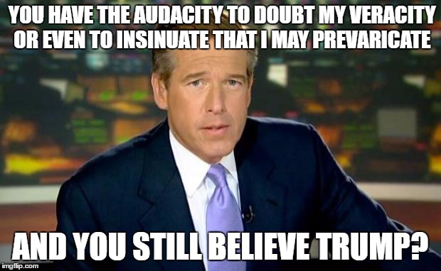 Brian Williams Was There | YOU HAVE THE AUDACITY TO DOUBT MY VERACITY OR EVEN TO INSINUATE THAT I MAY PREVARICATE; AND YOU STILL BELIEVE TRUMP? | image tagged in memes,brian williams was there | made w/ Imgflip meme maker
