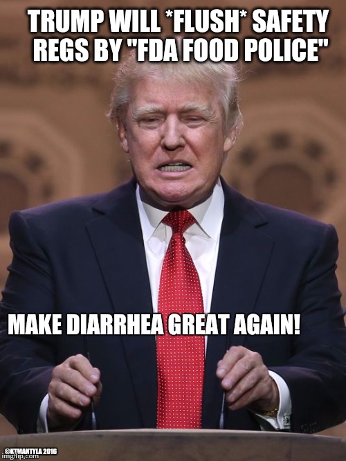 Trump: Make diarrhea great again! | TRUMP WILL *FLUSH* SAFETY REGS BY "FDA FOOD POLICE"; MAKE DIARRHEA GREAT AGAIN! ©KTMANTYLA 2016 | image tagged in donald trump,diarrhea,america,again,american politics,2016 election | made w/ Imgflip meme maker
