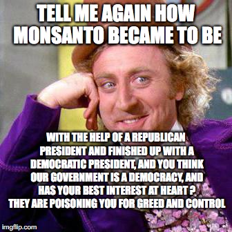Willy Wonka Blank | TELL ME AGAIN HOW MONSANTO BECAME TO BE; WITH THE HELP OF A REPUBLICAN PRESIDENT AND FINISHED UP WITH A DEMOCRATIC PRESIDENT, AND YOU THINK OUR GOVERNMENT IS A DEMOCRACY, AND HAS YOUR BEST INTEREST AT HEART ? THEY ARE POISONING YOU FOR GREED AND CONTROL | image tagged in willy wonka blank | made w/ Imgflip meme maker