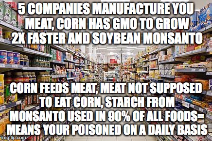grocery aisle | 5 COMPANIES MANUFACTURE YOU MEAT, CORN HAS GMO TO GROW 2X FASTER AND SOYBEAN MONSANTO; CORN FEEDS MEAT, MEAT NOT SUPPOSED TO EAT CORN, STARCH FROM MONSANTO USED IN 90% OF ALL FOODS= MEANS YOUR POISONED ON A DAILY BASIS | image tagged in grocery aisle | made w/ Imgflip meme maker