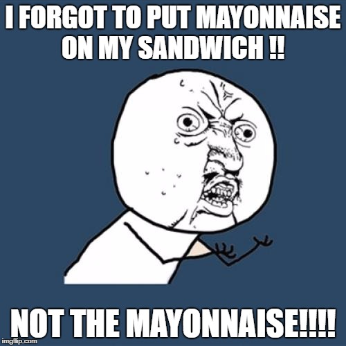 Y U No | I FORGOT TO PUT MAYONNAISE ON MY SANDWICH !! NOT THE MAYONNAISE!!!! | image tagged in memes,y u no | made w/ Imgflip meme maker