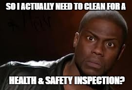 Kevin Hart Meme | SO I ACTUALLY NEED TO CLEAN FOR A; HEALTH & SAFETY INSPECTION? | image tagged in memes,kevin hart the hell | made w/ Imgflip meme maker