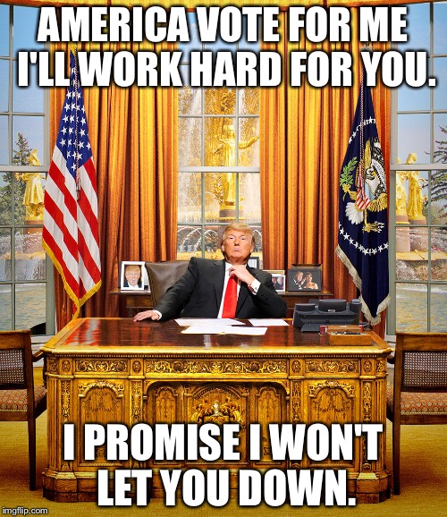 TRUMP TO GOP | AMERICA VOTE FOR ME I'LL WORK HARD FOR YOU. I PROMISE I WON'T LET YOU DOWN. | image tagged in trump to gop | made w/ Imgflip meme maker