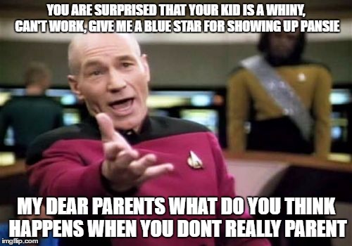 Picard Wtf Meme | YOU ARE SURPRISED THAT YOUR KID IS A WHINY, CAN'T WORK, GIVE ME A BLUE STAR FOR SHOWING UP PANSIE; MY DEAR PARENTS WHAT DO YOU THINK HAPPENS WHEN YOU DONT REALLY PARENT | image tagged in memes,picard wtf | made w/ Imgflip meme maker