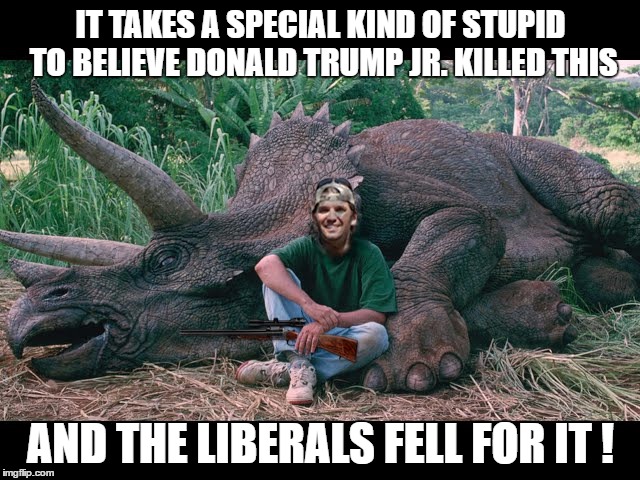 Liberals are Raising Hell about Don Jr. killing a Triceratops..Here's YOUR Sign ! | IT TAKES A SPECIAL KIND OF STUPID TO BELIEVE DONALD TRUMP JR. KILLED THIS; AND THE LIBERALS FELL FOR IT ! | image tagged in fake,liberals,hunter | made w/ Imgflip meme maker