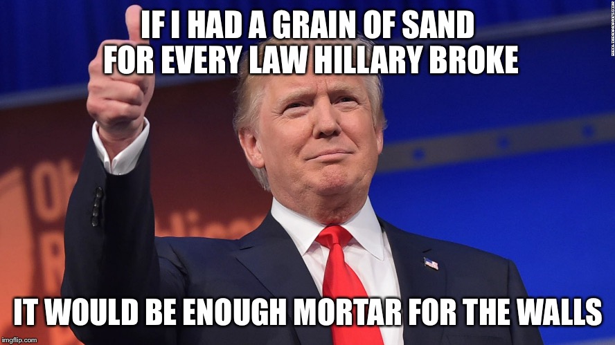 Trump Thumbs Up | IF I HAD A GRAIN OF SAND FOR EVERY LAW HILLARY BROKE IT WOULD BE ENOUGH MORTAR FOR THE WALLS | image tagged in trump thumbs up | made w/ Imgflip meme maker