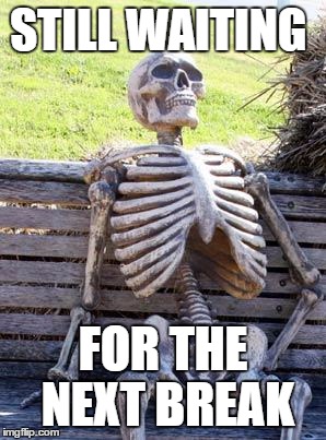 Waiting Skeleton | STILL WAITING; FOR THE NEXT BREAK | image tagged in memes,waiting skeleton | made w/ Imgflip meme maker