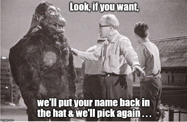 Kong with Director | Look, if you want, we'll put your name back in the hat & we'll pick again . . . | image tagged in kong with director | made w/ Imgflip meme maker