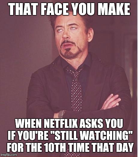 Face You Make Robert Downey Jr | THAT FACE YOU MAKE; WHEN NETFLIX ASKS YOU IF YOU'RE "STILL WATCHING" FOR THE 10TH TIME THAT DAY | image tagged in memes,face you make robert downey jr | made w/ Imgflip meme maker