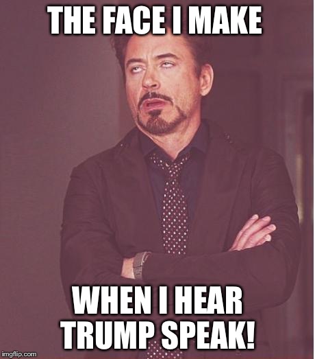 Face You Make Robert Downey Jr Meme | THE FACE I MAKE; WHEN I HEAR TRUMP SPEAK! | image tagged in memes,face you make robert downey jr | made w/ Imgflip meme maker