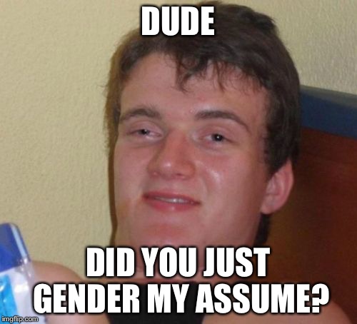 10 Guy Meme | DUDE; DID YOU JUST GENDER MY ASSUME? | image tagged in memes,10 guy | made w/ Imgflip meme maker