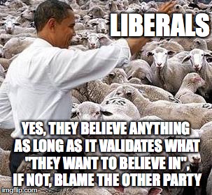 obama sheep | LIBERALS; YES, THEY BELIEVE ANYTHING AS LONG AS IT VALIDATES WHAT "THEY WANT TO BELIEVE IN", IF NOT, BLAME THE OTHER PARTY | image tagged in obama sheep | made w/ Imgflip meme maker