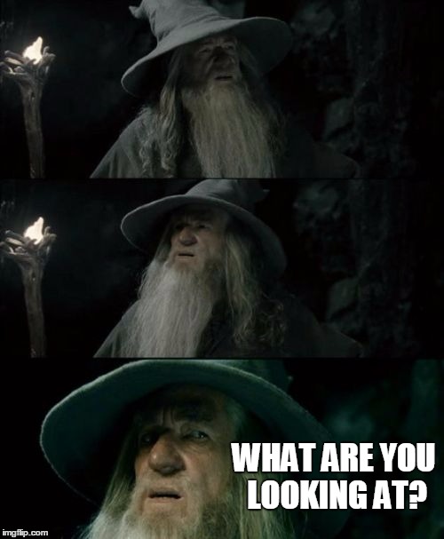 Confused Gandalf Meme | WHAT ARE YOU LOOKING AT? | image tagged in memes,confused gandalf | made w/ Imgflip meme maker