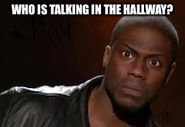 Kevin Hart Meme | WHO IS TALKING IN THE HALLWAY? | image tagged in memes,kevin hart the hell | made w/ Imgflip meme maker