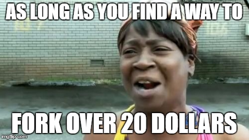 Ain't Nobody Got Time For That Meme | AS LONG AS YOU FIND A WAY TO FORK OVER 20 DOLLARS | image tagged in memes,aint nobody got time for that | made w/ Imgflip meme maker