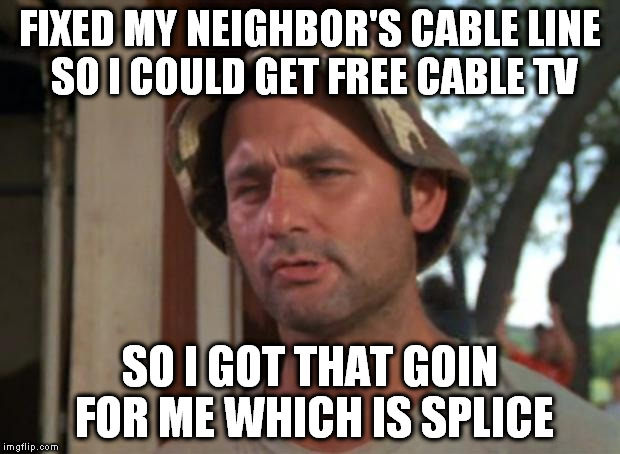 So I Got That Goin For Me Which Is Nice | FIXED MY NEIGHBOR'S CABLE LINE SO I COULD GET FREE CABLE TV; SO I GOT THAT GOIN FOR ME WHICH IS SPLICE | image tagged in memes,so i got that goin for me which is nice,larry the cable guy,cable tv,splicing,splice | made w/ Imgflip meme maker