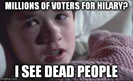 I See Dead People | MILLIONS OF VOTERS FOR HILARY? I SEE DEAD PEOPLE | image tagged in memes,i see dead people,hillary | made w/ Imgflip meme maker