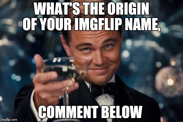 People usually have interesting origins for their imgflip usernames  | WHAT'S THE ORIGIN OF YOUR IMGFLIP NAME, COMMENT BELOW | image tagged in memes,leonardo dicaprio cheers | made w/ Imgflip meme maker