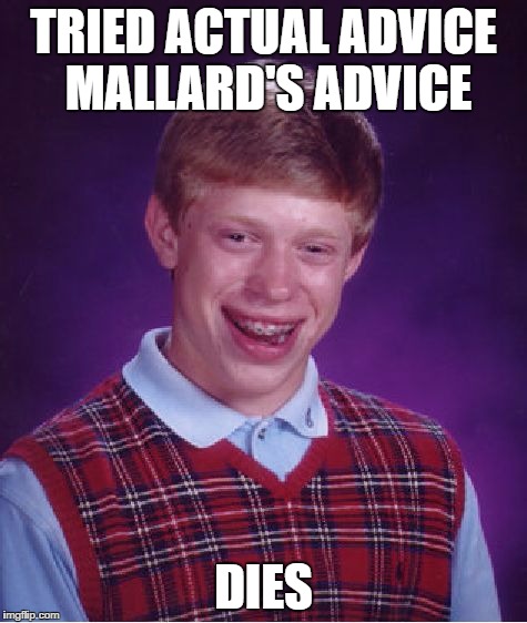 Bad Luck Brian Meme | TRIED ACTUAL ADVICE MALLARD'S ADVICE DIES | image tagged in memes,bad luck brian | made w/ Imgflip meme maker