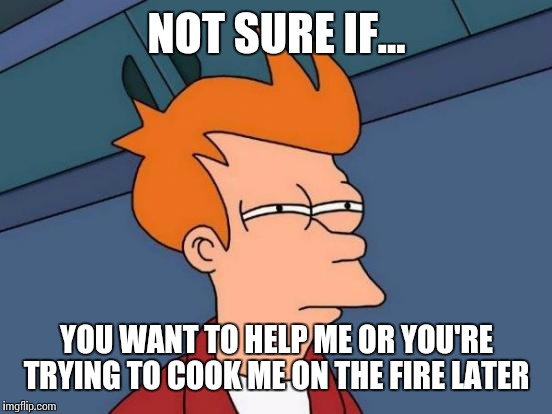 Futurama Fry | NOT SURE IF... YOU WANT TO HELP ME OR YOU'RE TRYING TO COOK ME ON THE FIRE LATER | image tagged in memes,futurama fry | made w/ Imgflip meme maker