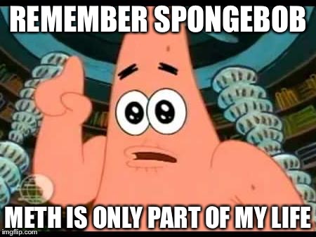 Patrick Says Meme | REMEMBER SPONGEBOB; METH IS ONLY PART OF MY LIFE | image tagged in memes,patrick says | made w/ Imgflip meme maker