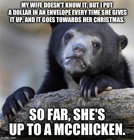 Confession Bear | MY WIFE DOESN'T KNOW IT, BUT I PUT A DOLLAR IN AN ENVELOPE EVERY TIME SHE GIVES IT UP, AND IT GOES TOWARDS HER CHRISTMAS. SO FAR, SHE'S UP TO A MCCHICKEN. | image tagged in memes,confession bear | made w/ Imgflip meme maker