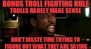 Bonus Troll Fighting Rule | BONUS TROLL FIGHTING RULE; TROLLS RARELY MAKE SENSE; DON'T WASTE TIME TRYING TO FIGURE OUT WHAT THEY ARE SAYING | image tagged in chris rock - what | made w/ Imgflip meme maker