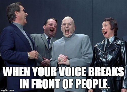 Laughing Villains | WHEN YOUR VOICE BREAKS IN FRONT OF PEOPLE. | image tagged in memes,laughing villains | made w/ Imgflip meme maker